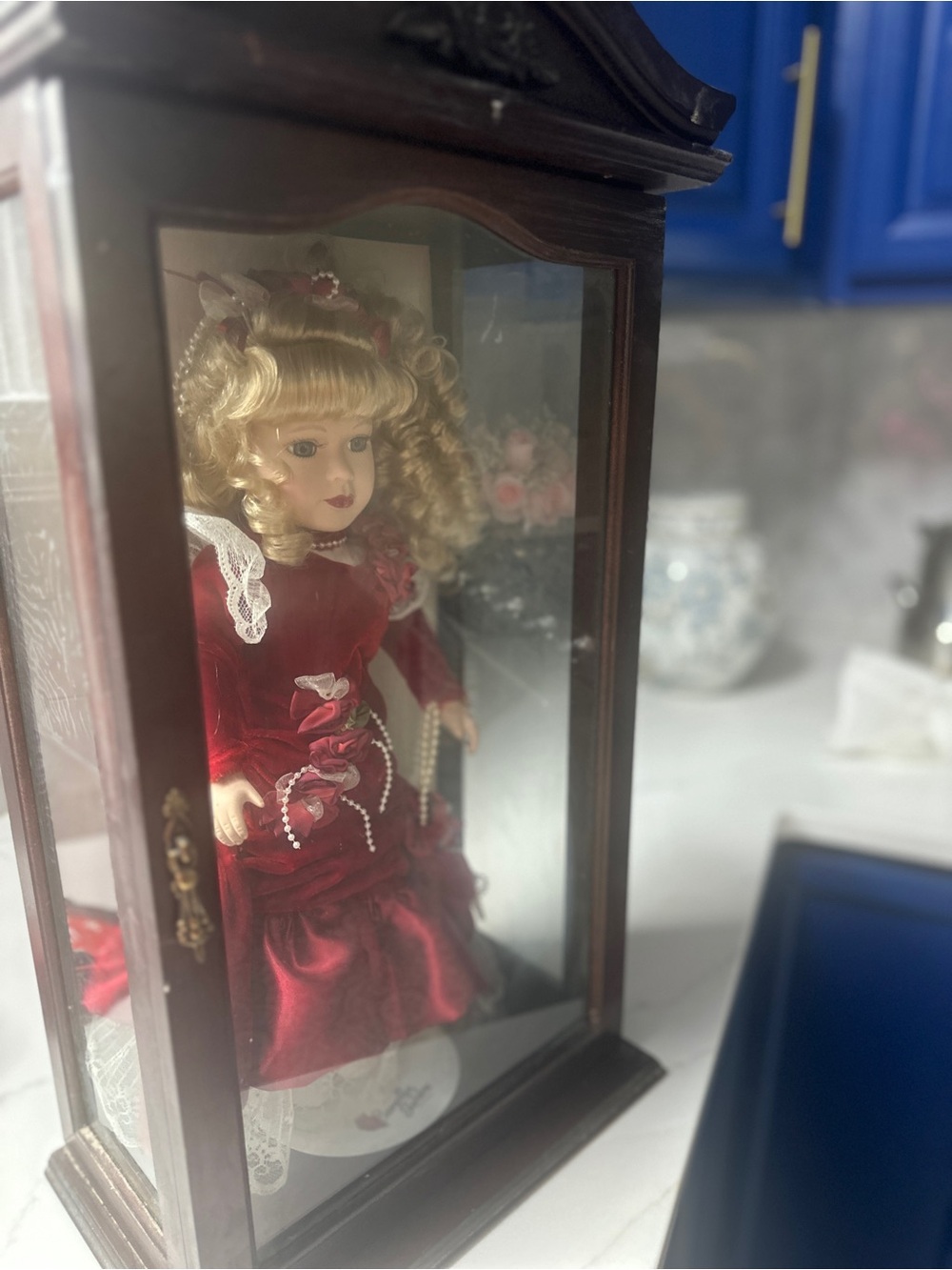 Collectible Porcelain Doll in Red Velvet Dress - Unbranded